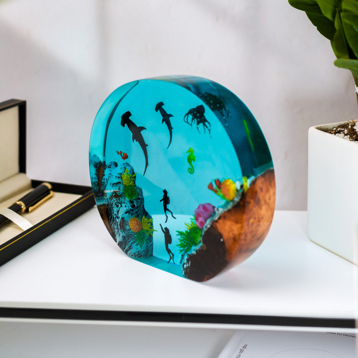 Handmade Round Hammer Shark Resin Lamp with unique design and vibrant colors, perfect for ocean enthusiasts and decor collectors.