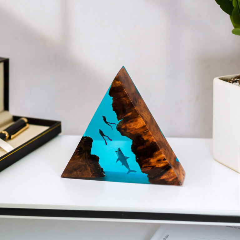 Handmade Ocean Triangle Resin Lamp featuring an intricate ocean-themed design, perfect for adding a nautical touch to any space.