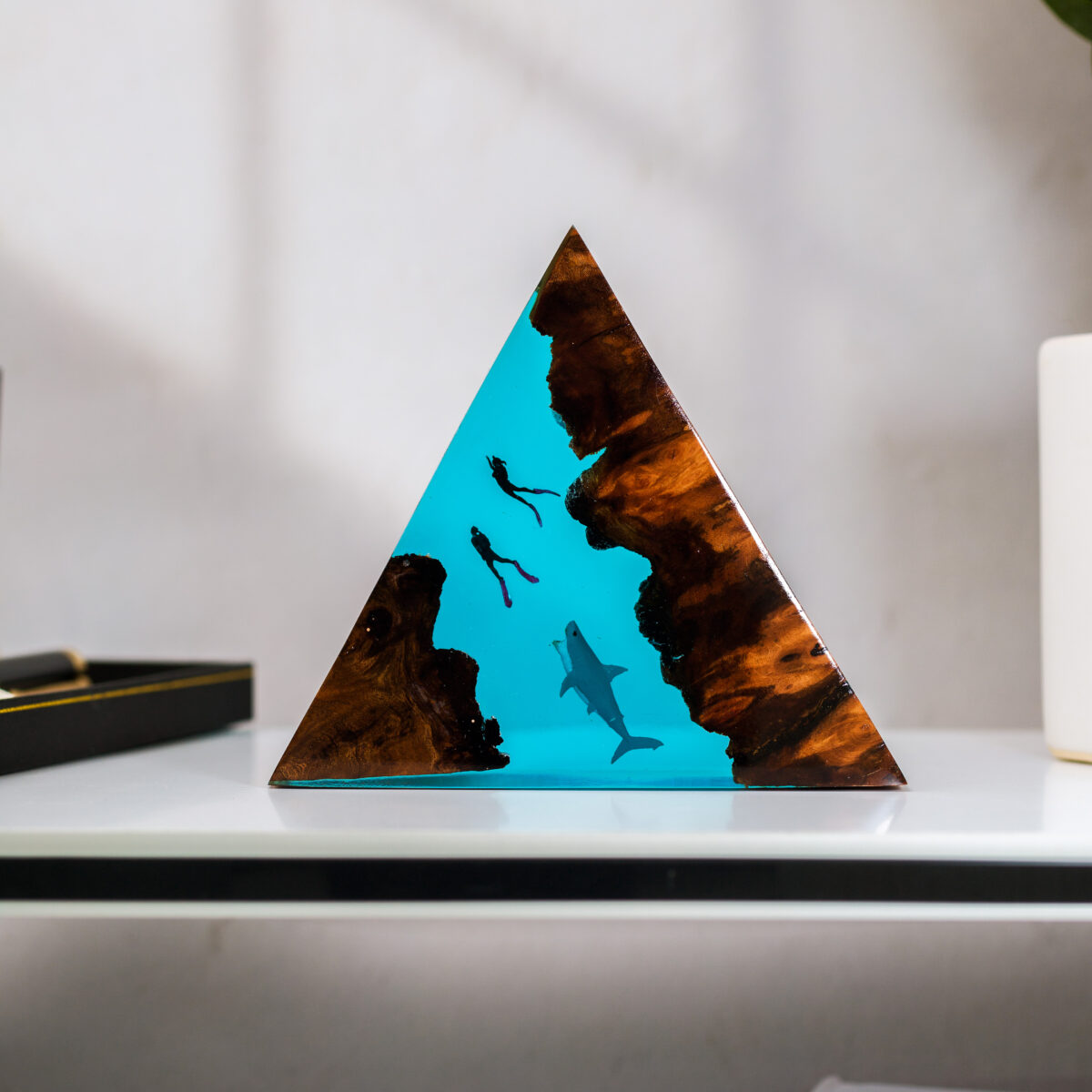 Handmade Ocean Triangle Resin Lamp featuring an intricate ocean-themed design, perfect for adding a nautical touch to any space.