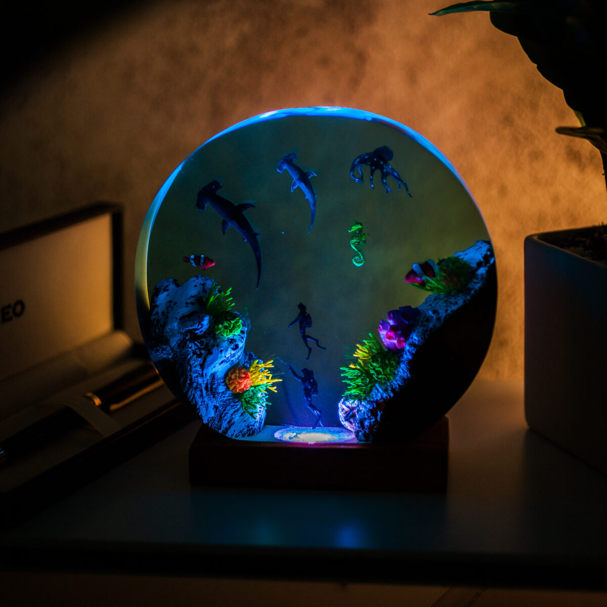 Handmade Round Hammer Shark Resin Lamp with unique design and vibrant colors, perfect for ocean enthusiasts and decor collectors.