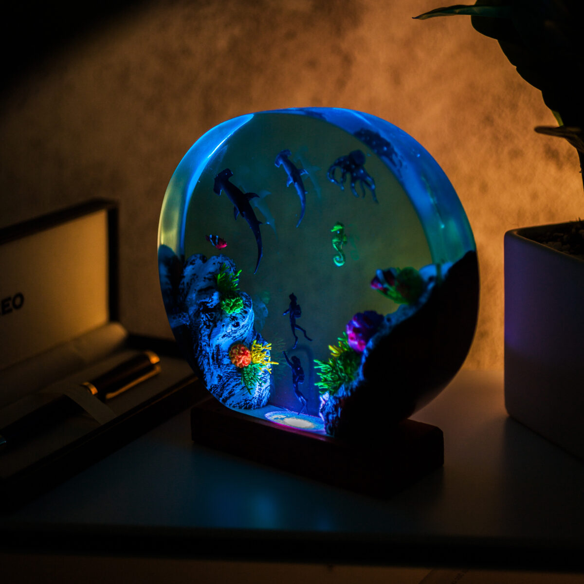 Handmade Round Hammer Shark Resin Lamp with unique design and vibrant colors, perfect for ocean enthusiasts and decor collectors.