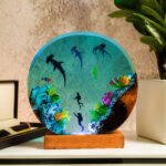 Handmade Round Hammer Shark Resin Lamp with unique design and vibrant colors, perfect for ocean enthusiasts and decor collectors.