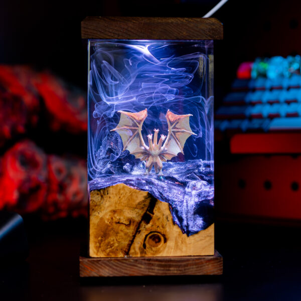 Handmade King Ghidorah Resin Lamp featuring intricate design and vibrant colors, ideal for fans of Godzilla and collectors.