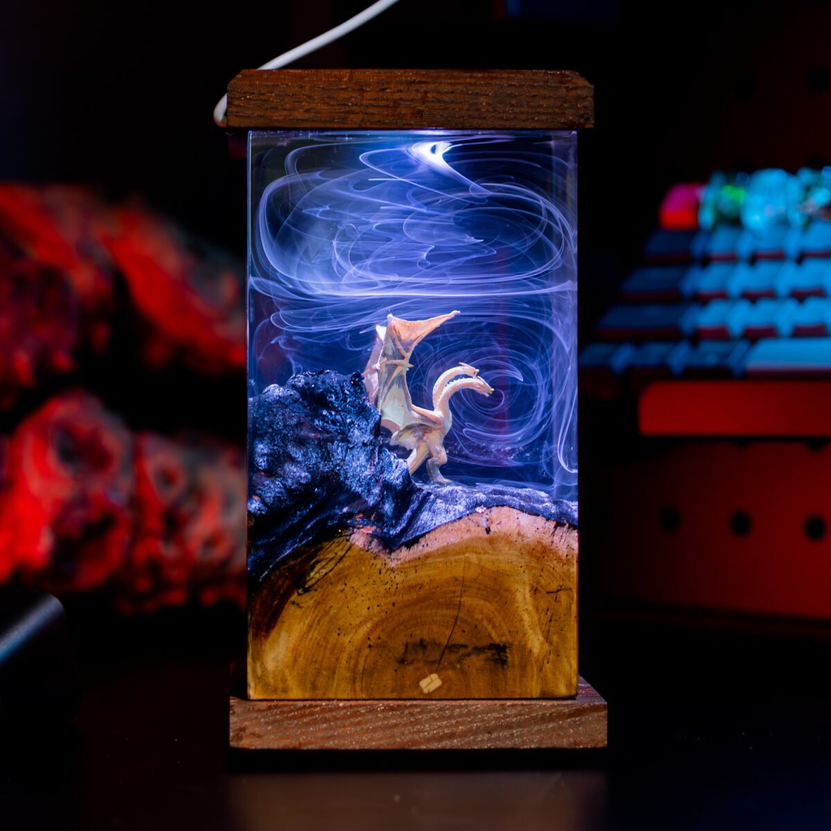 Handmade King Ghidorah Resin Lamp featuring intricate design and vibrant colors, ideal for fans of Godzilla and collectors.