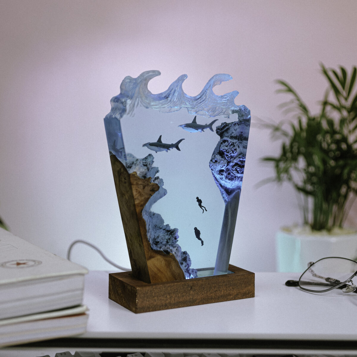 Handmade Hammer Shark and Diver Resin Ball Lamp with underwater theme, featuring intricate design and vibrant colors.