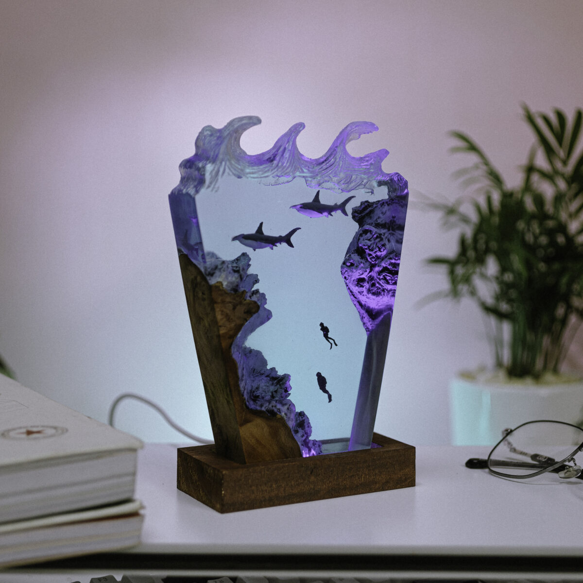 Handmade Hammer Shark and Diver Resin Ball Lamp with underwater theme, featuring intricate design and vibrant colors.