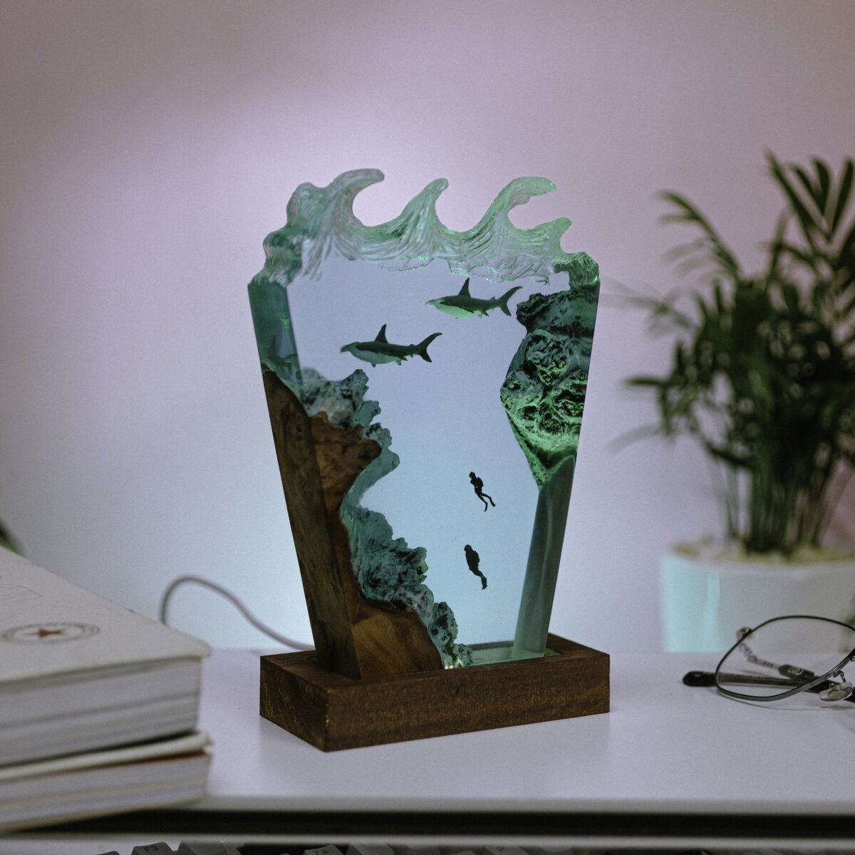 Handmade Hammer Shark and Diver Resin Ball Lamp with underwater theme, featuring intricate design and vibrant colors.