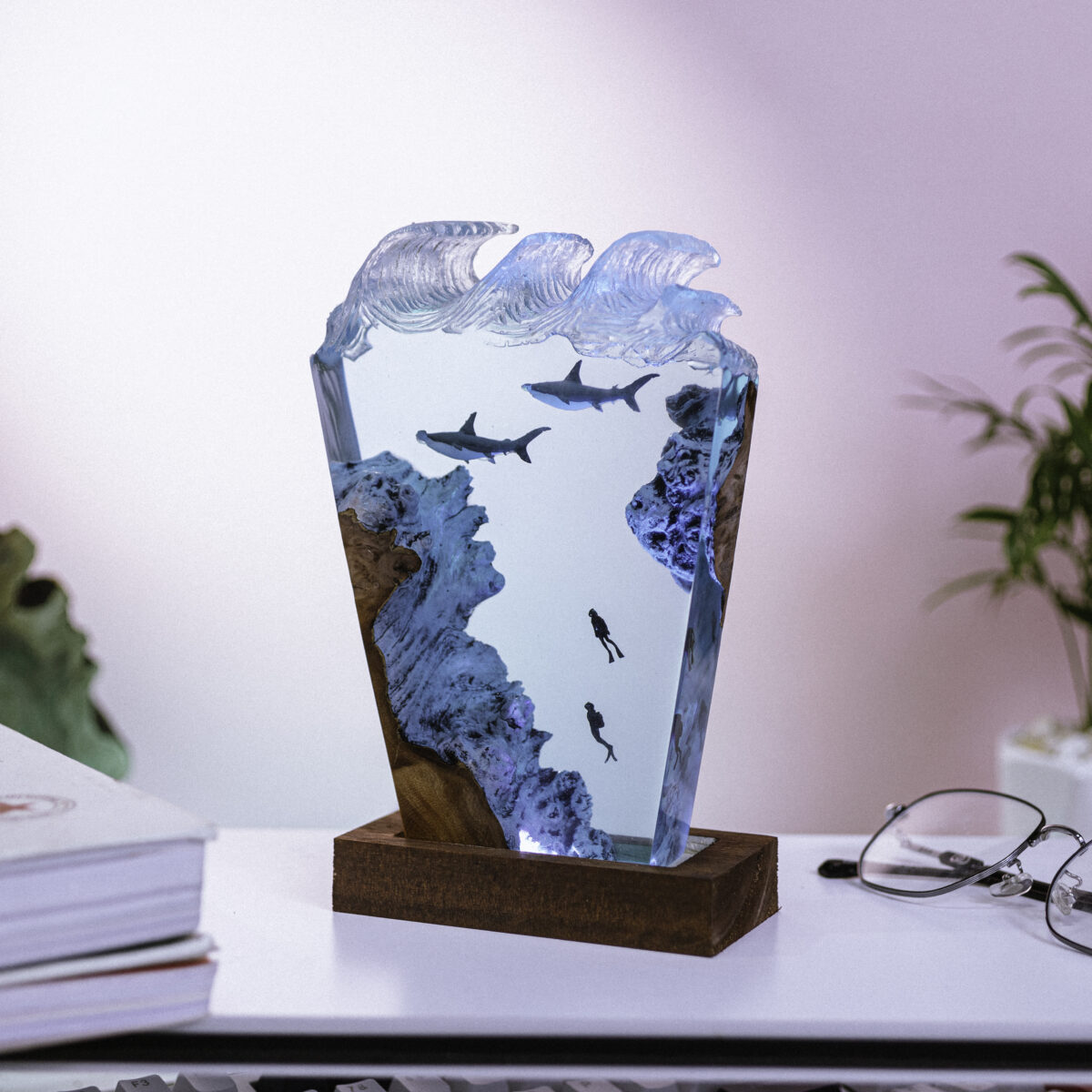 Handmade Hammer Shark and Diver Resin Ball Lamp with underwater theme, featuring intricate design and vibrant colors.