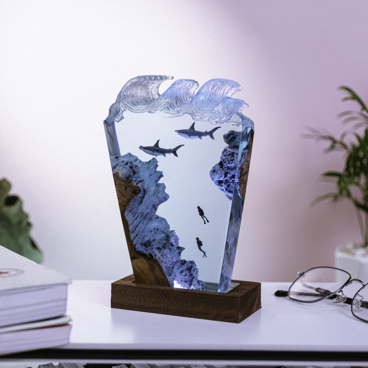 Handmade Hammer Shark and Diver Resin Ball Lamp with underwater theme, featuring intricate design and vibrant colors.